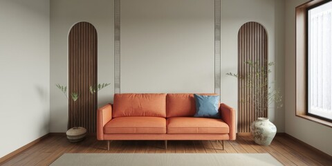 Japandi, minimalist interior design of modern living room. with orange sofa and blue pillow against mock up empty wall with copy space.