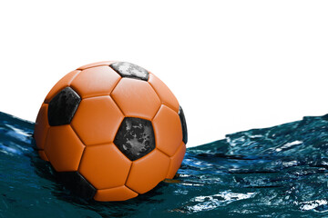 Naklejka premium orange and black soccer ball floating in ocean, transparent background