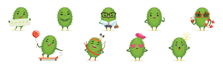 Green Cactus Funny Character Engaged in Different Activity Vector Set