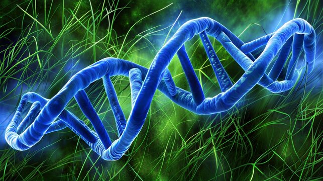 Close-up of Glowing Blue DNA Strand on Green Background Representing Biotechnology and Genetics - Powered by Adobe
