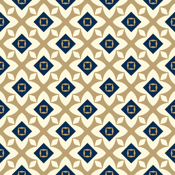 Yellow and Black Abstract Floral Seamless Pattern , A seamless geometric pattern with alternating dark blue diamond shapes with lighter star motifs at the center, set against a soft beige background