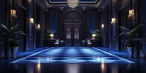 Fototapeta premium expensive hotel lobby with luxury indigo wooden panels, carvings royal style and elegant glowing floor 