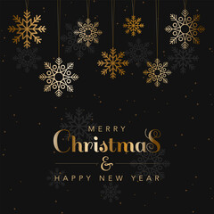Merry Christmas greeting card with golden snowflakes