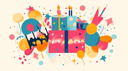 Fototapeta premium A colorful poster for a birthday party with a gift box and confetti.