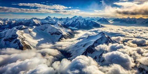 Fototapeta premium Snow-capped mountains glide into view, a breathtaking panorama unfolding as the aerial route navigates the serrated