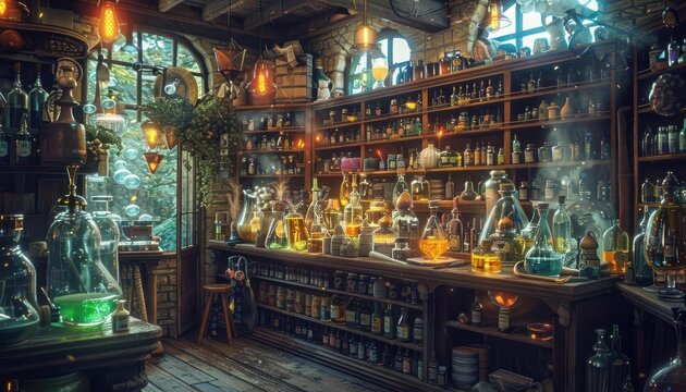 Magical apothecary shop filled with potion bottles, herbs, and glowing lights, exuding a vintage mystical atmosphere.