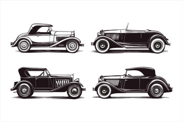 Several vintage cars are shown in a row in front of a city generative ai