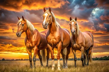 Obraz premium Gentle Giant American Quarter Horses pose in a sunset-lit field, muscles rippling beneath a warm golden glow