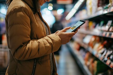 Woman checks phone in grocery store aisle.