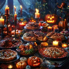 Festive Halloween feast with pumpkins, candles, and delicious autumn dishes on a decorated table.