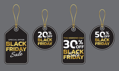 Black Friday sale banner with hanging price tag. Discount badges. 20, 30, 50 price off label design. Promo and marketing design elements. Vector illustration.