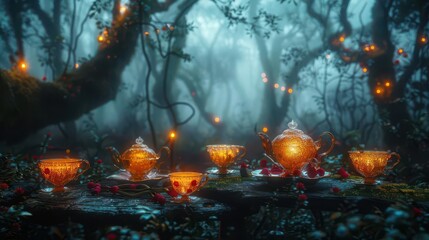 Magical woodland tea setup with glowing teacups and teapot, surrounded by misty forest and fairy lights, creating an enchanting atmosphere.