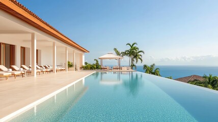 Fototapeta premium A serene infinity pool overlooking a tropical paradise, complete with luxury cabanas and personal attendants, reflecting an exclusive lifestyle