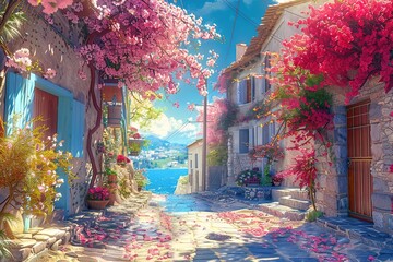 Acrylic painting, Beautiful colorful flower street with white houses and blue doors in a European city. Greece, floral for background.