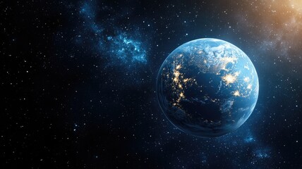 Fototapeta premium Earth in space with luminous city lights and colorful clouds