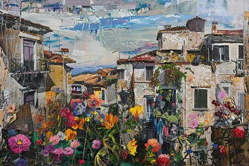 Fototapeta premium Beautiful oil painting landscape vacation house illustration