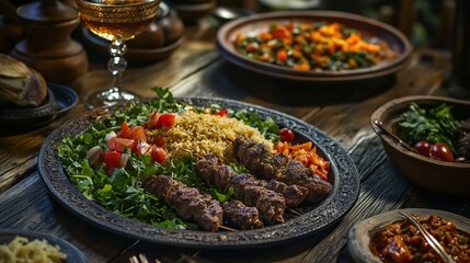 Fototapeta premium A vibrant platter of skewered meat, rice, and fresh vegetables, ideal for sharing.