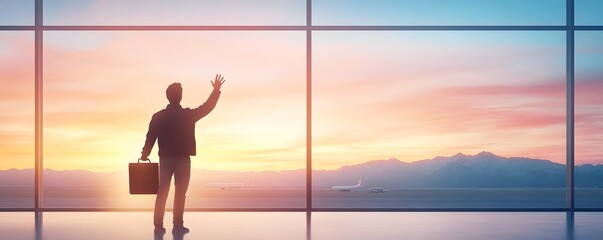 Businessman waving goodbye from airport window during sunset with mountains