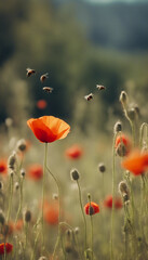 Fototapeta premium Beautiful summer meadow with wild flowers poppies and bee on background summer landscape nature scen