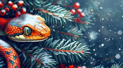 Fototapeta premium A Christmas card. The symbol of the Chinese New Year 2025. An orange snake peeks out from under the spruce branches with holly berries