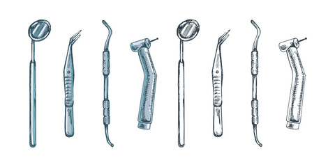 Hand drawn stomatology attributes. Professional dental tools  vintage vector illustration set isolated on white background. Equipment for orthodontists.