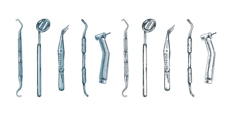 Hand drawn stomatology attributes. Professional dental tools  vintage vector illustration set isolated on white background. Equipment for orthodontists.