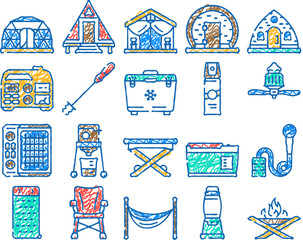 glamping tent nature luxury tipi doodle icons set vector. sketch line art forest africa, barbecue glamour, camp, campfire bubble, chair beach, glamping tent nature luxury tipi color illustrations © sevector