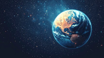 Obraz premium A stunning view of Earth from space, showcasing the continents and cloud formations against a backdrop of stars at night. with copy space.