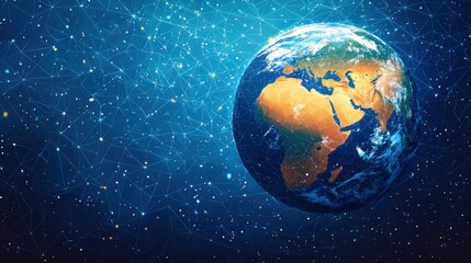 Fototapeta premium Earth is beautifully illuminated from a distance, highlighting continents and oceans, while the dark expanse of space is filled with twinkling stars.