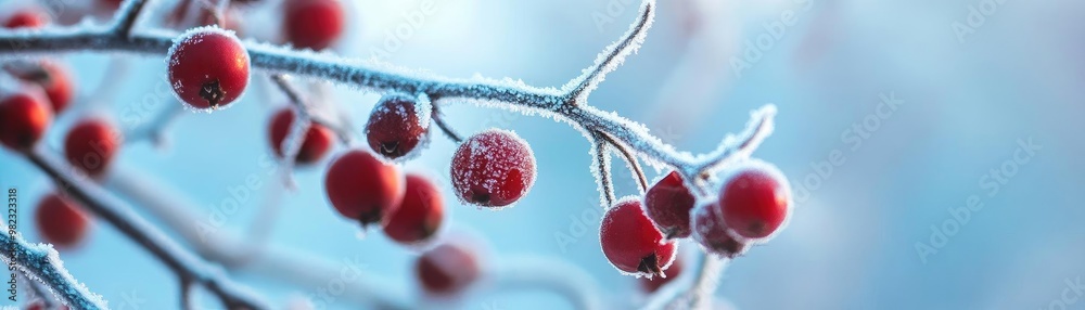 Poster frost-covered red berries hang delicately on a branch, creating a serene winter scene with soft blue