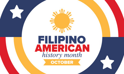 Filipino American History Month. Happy holiday celebrate annual in October. Filipinos and United States flag. Culture month. Patriotic design. Poster, card, banner, template. Vector illustration