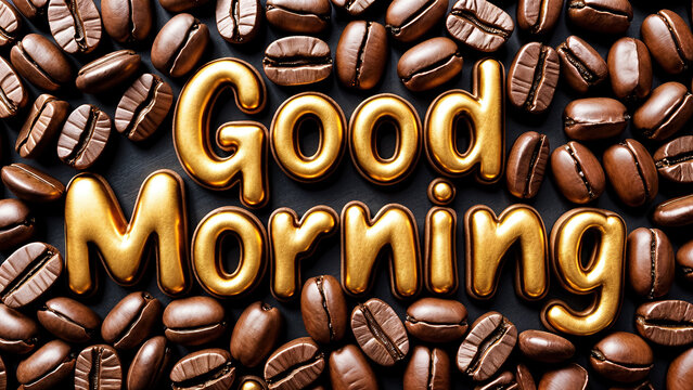 Golden letters spell out a cheerful greeting, surrounded by an arrangement of dark roasted coffee beans on a textured background, creating a warm morning atmosphere
