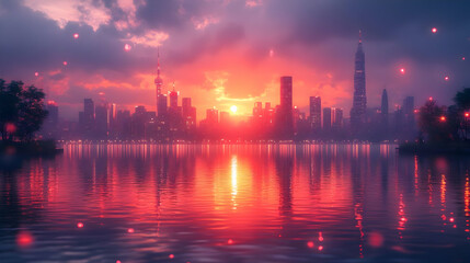 Fototapeta premium Cityscape at Sunset with Water Reflection - Digital Illustration