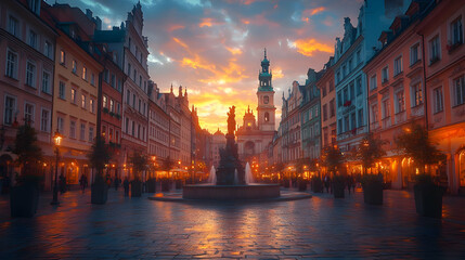 Evening City Square With Fountain and Illuminated Buildings