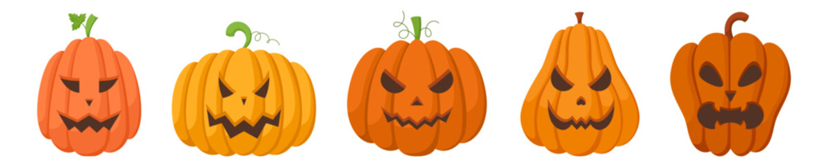 Spooky Halloween pumpkins with angry faces expressions. Vector illustration of cartoon characters. Hand drawn colorful autumn pumpkins isolated on white background.