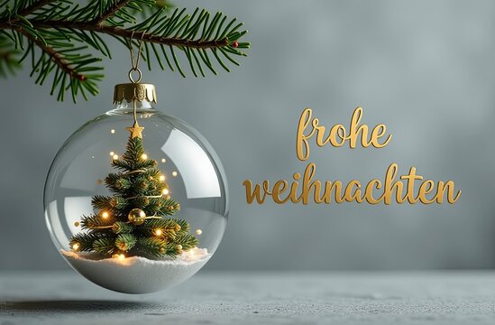 A transparent glass Christmas tree ball Hanging on a fir branch, inside the ball is a small Christmas tree with garlands. the inscription "Frohe Weihnachten" in gold letter. Christmas background