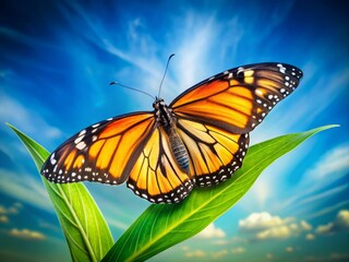 Fototapeta premium Delicate orange monarch butterfly with intricate veins and subtle shading, perched on a lush green leaf against a soothing blue background with wispy clouds.