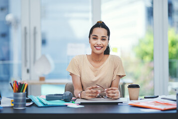 Office, pride and businesswoman in portrait for career, startup progress and happy with job. Creative agency, female person or graphic designer with positive attitude for tasks planning and laptop