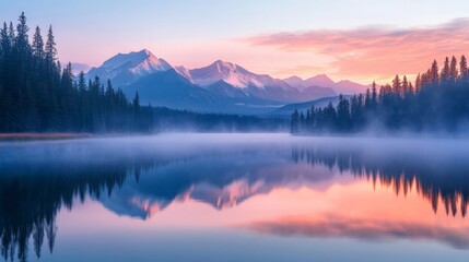 Fototapeta premium Mountain Silhouette Reflected in Still Lake Water at Dawn