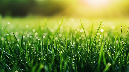 Fototapeta premium Dew-Covered Blades of Grass in Morning Sunlight