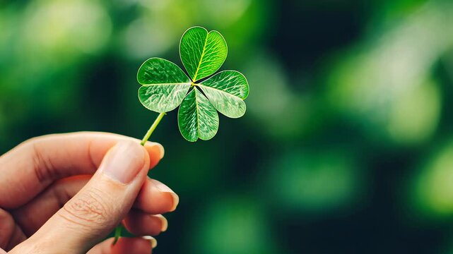une main de femme tenant un tr&egrave;fle &agrave; quatre feuilles entre les doigts - concept de chance	
