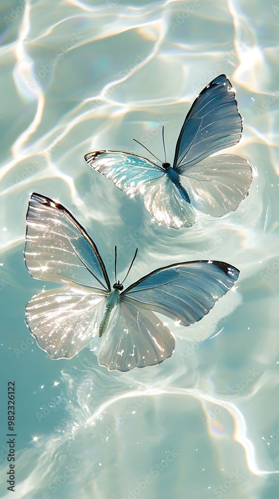 Poster two white butterflies float on the surface of a calm blue pool of water.