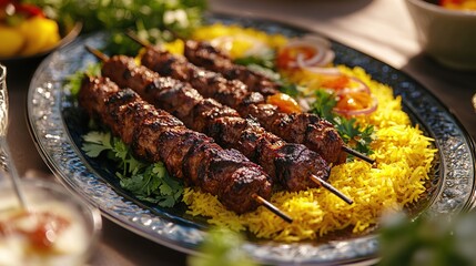 Grilled kebabs served on a bed of yellow rice with fresh herbs and vegetables.