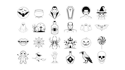 Naklejka premium Halloween-themed icons set, black and white, spooky vector collection