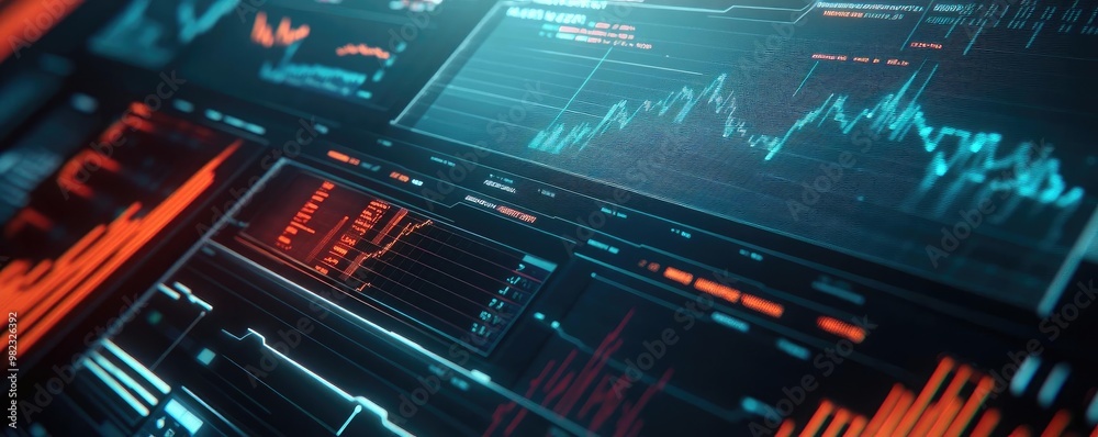Aufkleber Futuristic data visualization with vibrant graphs and analytics on a digital screen, ideal for technology and finance themes.