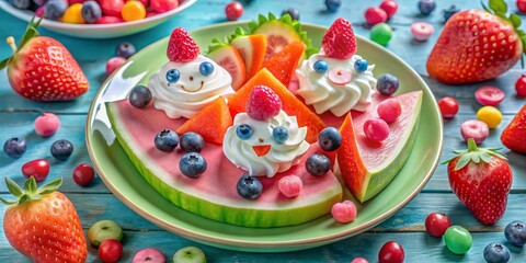 "Pink melon slices with whipped cream, strawberries, and blueberries on a plate, surrounded by colorful sweets and treats with cute faces."