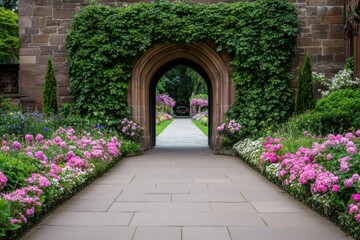 Fototapeta premium A classic English garden with ivy adorning an arched doorway