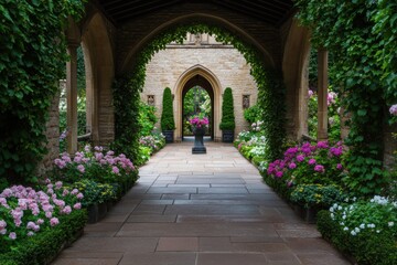 Fototapeta premium A classic English garden with ivy adorning an arched doorway