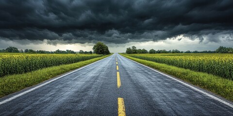 Stormy Road Through Green Fields Under Dark Clouds