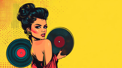 Disco diva retro lady in a pop art vector illustration. A girl holding a vinyl record.